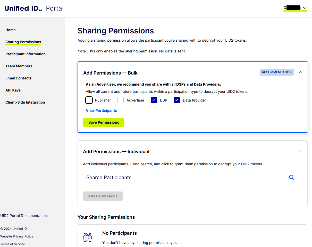 UID2 Portal, Sharing Permissions page, Recommendations (Advertiser)