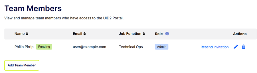 UID2 Portal, Team Members page, pending user